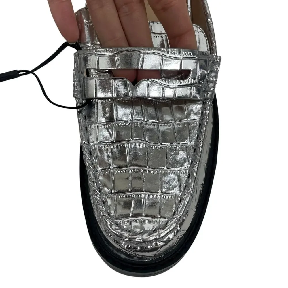 Ann Taylor LOFT Metallic Embossed Slip On Penny Loafers Silver Size 7.5M